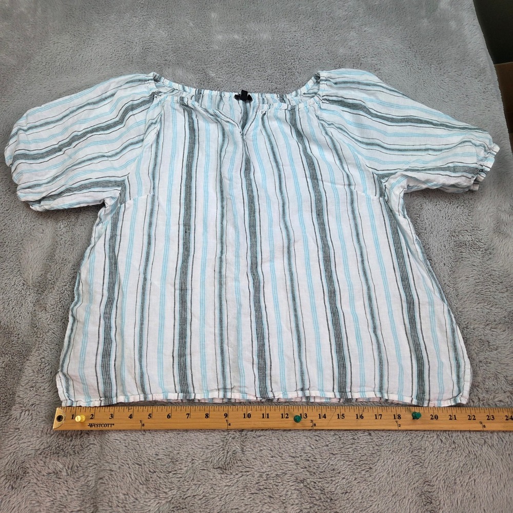Talbots Linen Peasant Blouse Womens Sz LP Striped Puff Sleeve Split Neck White